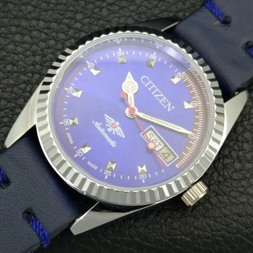 Vintage 1986 Citizen Automatic Mens Silver Watch W/daydate & Blue accents
